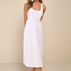 Lulus Summer Beauty White Ribbed Twist-back Midi Dress - Size L
